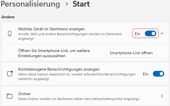 Mobiles Ger&auml;t im Startmen&uuml; anzeigen