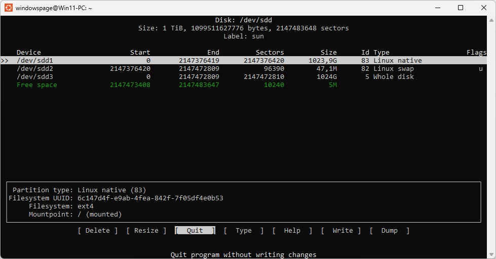 sudo cfdisk /dev/sdd