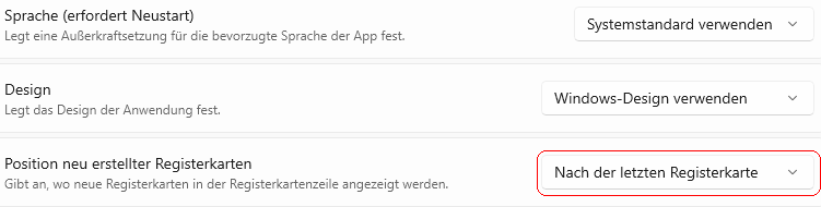 Position neu erstellter Registerkarten