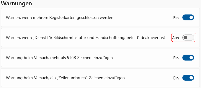 Warnen, wenn "Dienst für Bildschirmtatstatur und Handschrifteingabefeld" deaktiviert ist