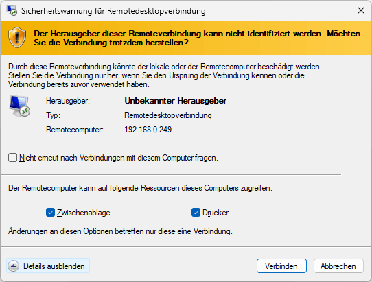 Windowspage - Remotedesktop - Client - Version der Warnungen beim ...