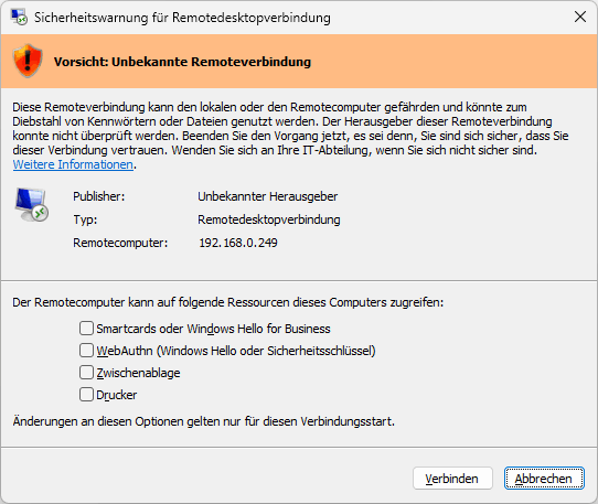 Windowspage - Remotedesktop - Client - Version der Warnungen beim ...