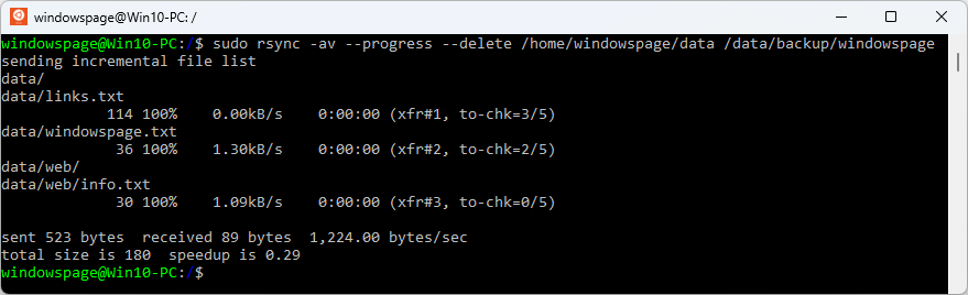 rsync -av --progress --delete /home/windowspage/data /data/backup/windowspage