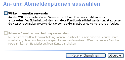 An- und Abmeldeoptionen